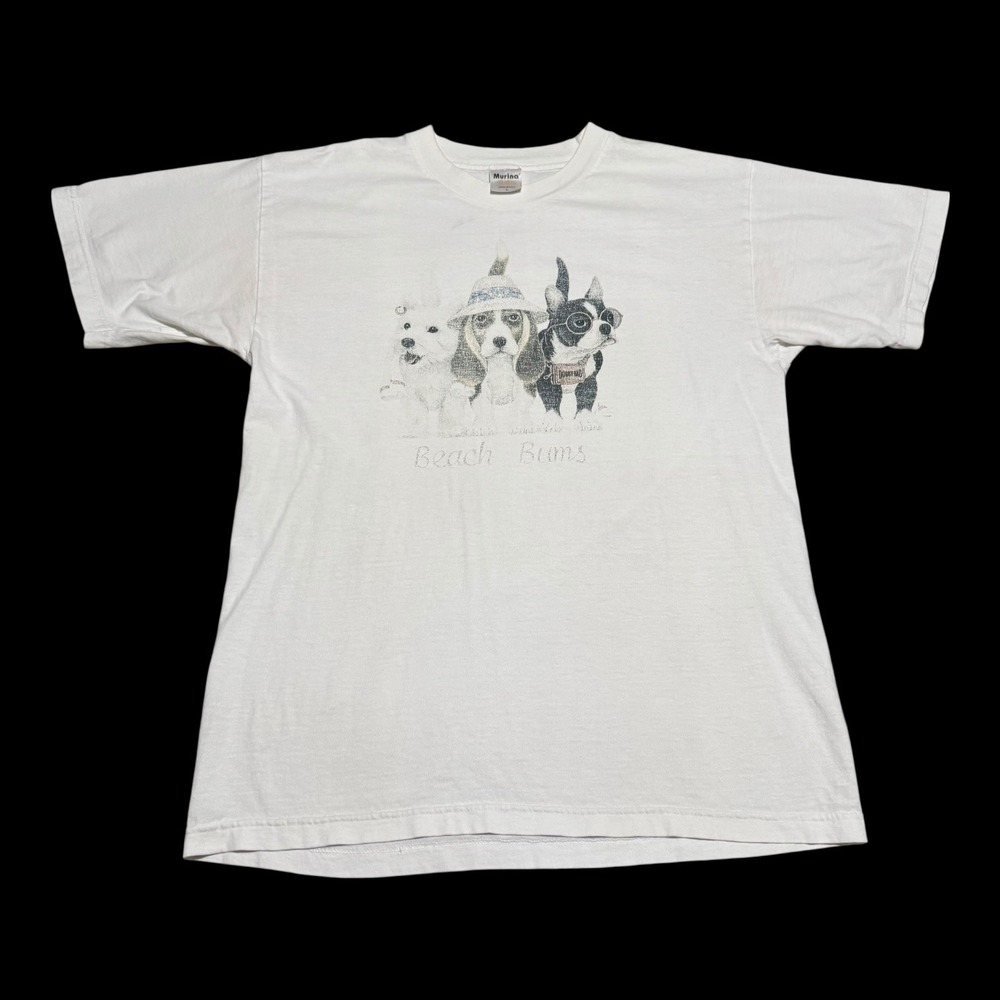 Vintage 90s Murina Beach Bums Dogs‎ Faded Stained White Shirt Men's Large
